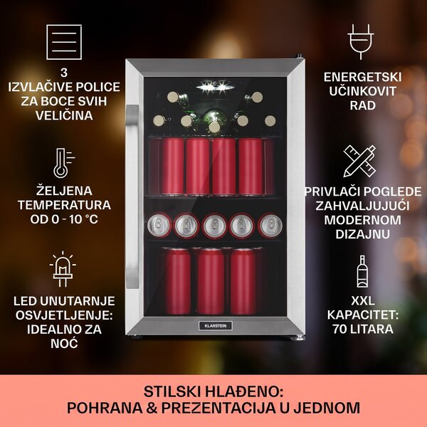 Klarstein Beersafe 70 Birra Edition, hladnjak, 70 litara, 3 police, staklena vrata, nehrđajući čelik
