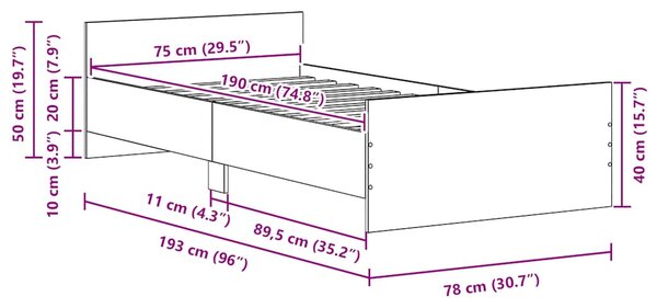 Okvir kreveta bez madraca Crni hrast 75x190 cm Inženirsko drvo - Crna / 75 x 190 cm