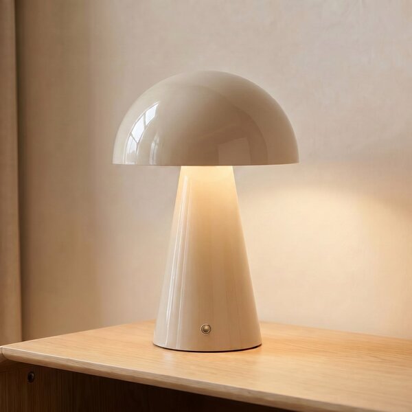 Lindby LED baterijska stolna lampa Nevijo, bež, Ø20cm, USB, dimmer, prigušiva, Bež, Dnevni boravak/blagovaonica, Metal