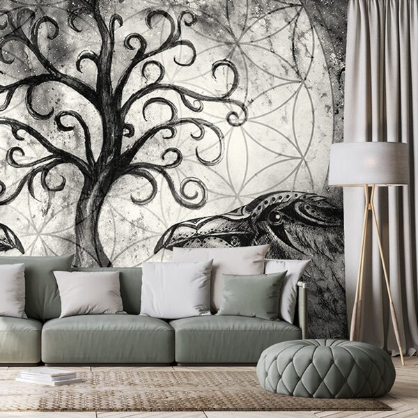 Samoljepljiva tapeta crno-bijelo magično drvo života