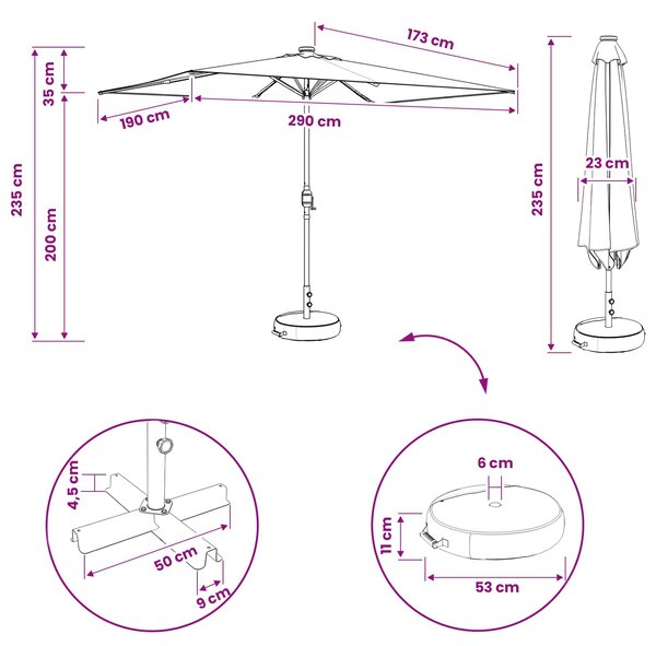 Suncobran za vrt s LED svjetlima i postoljem 200 x 300 cm - Krem / 200 x 300 cm