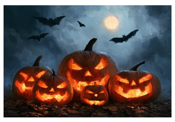 Slika halloweenske bundeve pod šišmišima
