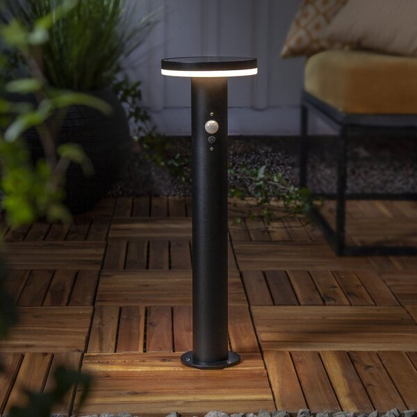 STAR TRADING Solarna LED bazna lampa Valletta Sensor crni metal 50 cm, Crno, Nehrđajući čelik, Solarna svjetla