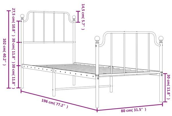 Metalni okvir kreveta s uzglavljem i podnožjem bijeli 75x190 cm - Bijela / 75 x 190 cm