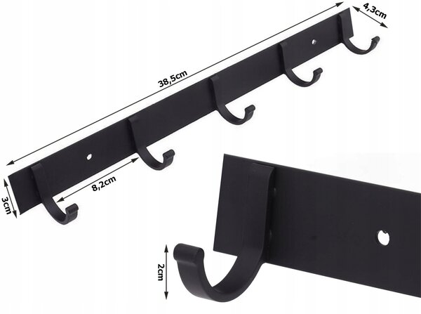 Crna zidna vješalica 38 cm za druženje odjeće 5x kuke