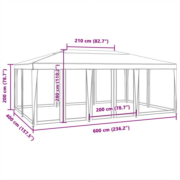 Šator za zabave s 10 mrežasta bočna zida bijeli 6x4 m HDPE - Bijela / 6 x 4 m