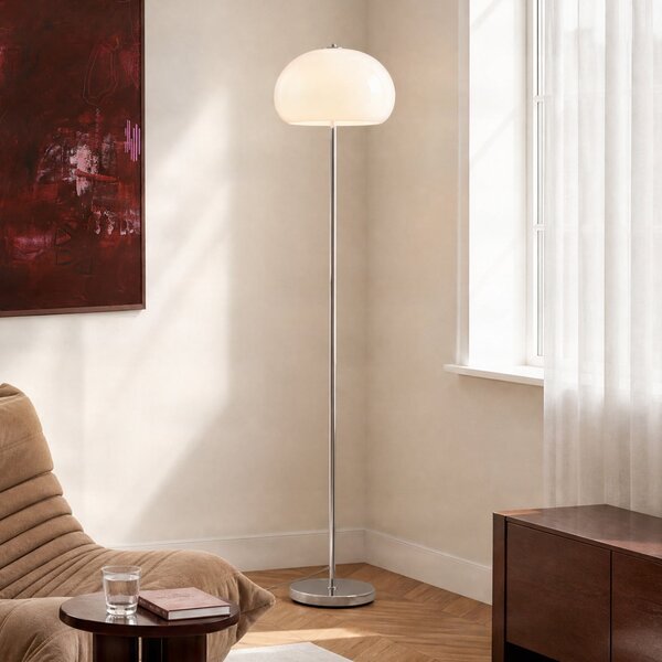 NOLA Podna lampa Owen, visina 150 cm, staklo, krom/bijela, Bijela, Dnevni boravak/blagovaonica, Staklo