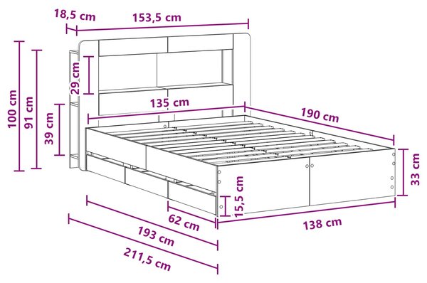 Okvir kreveta s pohranom Dimljeni hrast 135 x 190 cm - Smeđa / 135 x 190 cm
