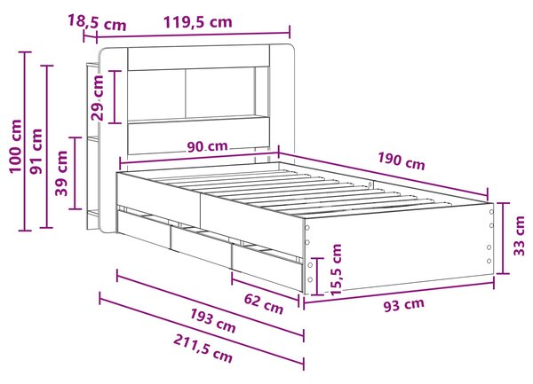 Okvir kreveta s pohranom s uzglavljem Betonska siva 90 x 190 cm - Siva / 90 x 190 cm
