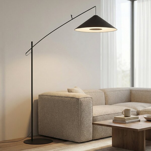 Nowodvorski Lighting Lučna svjetiljka Poise, crna, čelik, tekstil, projekcija 260 cm, Crno, Dnevni boravak/blagovaonica, Metal, Stalak kišobran