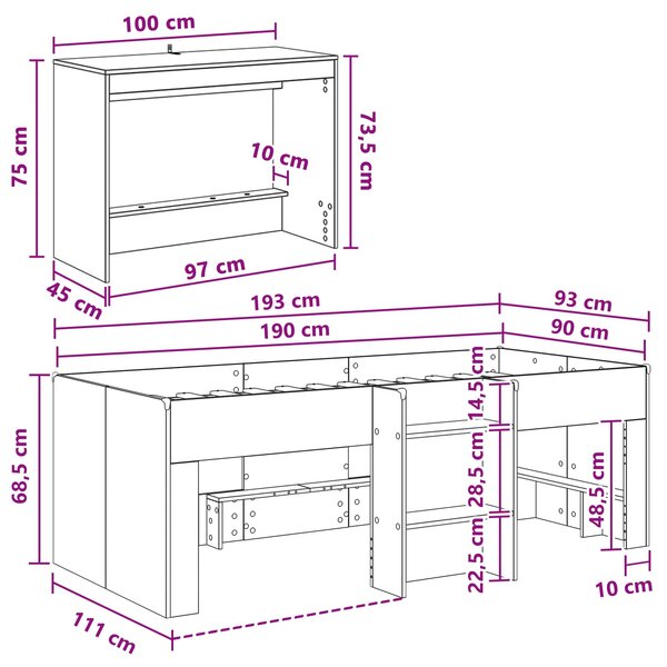 Krevet za djecu s visokim okvirom i stolom Bijela 90 x 190 cm - Bijela / 90 x 190 cm
