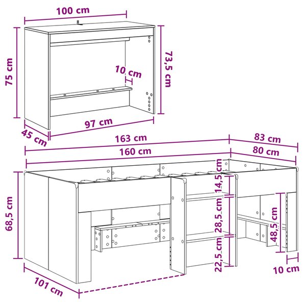 Krevet za djecu s visokim okvirom i stolom Bijela 80 x 160 cm - Bijela / 80 x 160 cm