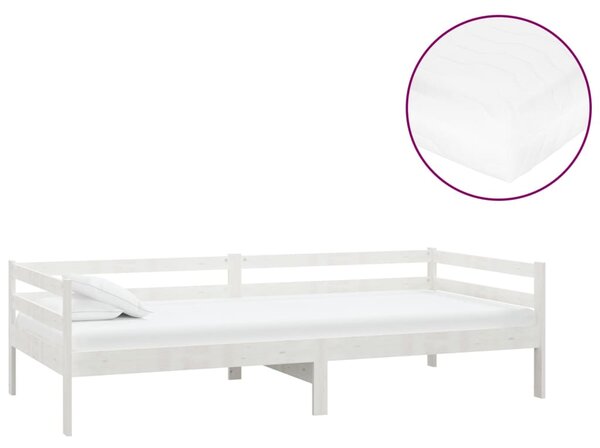 Dnevni ležaj s madracem 90 x 200 cm bijeli od masivne borovine - Bijela / N/A