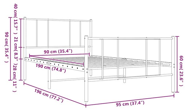 Metalni okvir kreveta uzglavlje i podnožje crni 90x190 cm - Crna / 90 x 190 cm