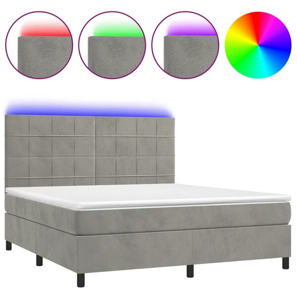 Krevet box spring s madracem LED svjetlosivi 180x200 cm baršun - Siva / 180 x 200 cm