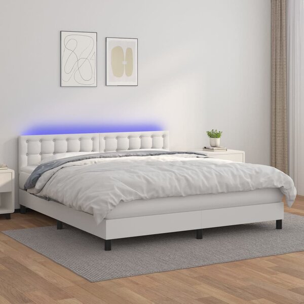 Krevet box spring s madracem LED bijeli 180x200 cm umjetna koža - Bijela / 180 x 200 cm