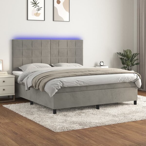 Krevet box spring s madracem LED svjetlosivi 180x200 cm baršun - Siva / 180 x 200 cm