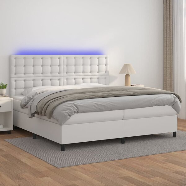 Krevet box spring s madracem LED bijeli 200x200 cm umjetna koža - Bijela / 200 x 200 cm