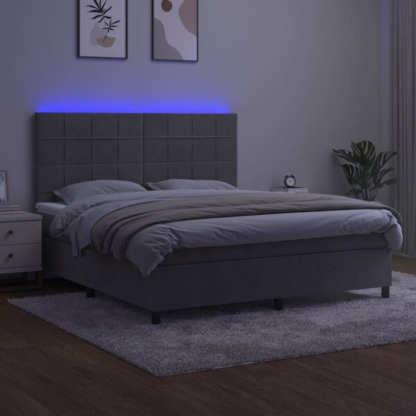 Krevet box spring s madracem LED svjetlosivi 180x200 cm baršun - Siva / 180 x 200 cm