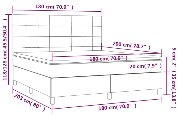 Krevet box spring s madracem LED svjetlosivi 180x200 cm baršun - Siva / 180 x 200 cm