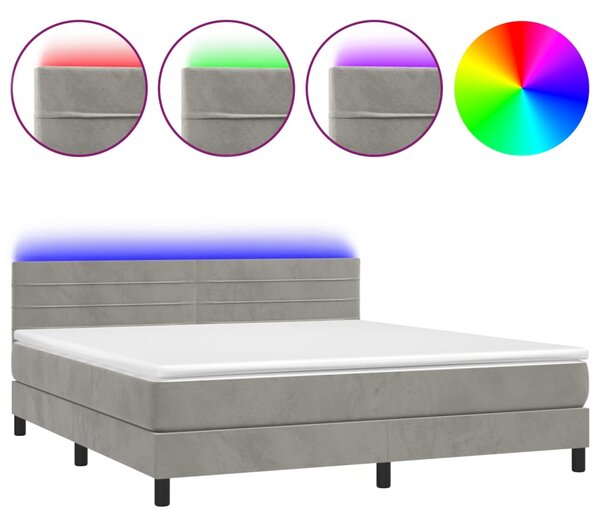 Krevet box spring s madracem LED svjetlosivi 180x200 cm baršun - Siva / 180 x 200 cm