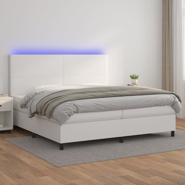 Krevet box spring s madracem LED bijeli 200x200 cm umjetna koža - Bijela / 200 x 200 cm