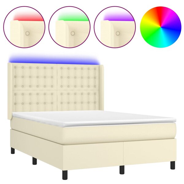 Krevet box spring s madracem LED krem 140x200cm od umjetne kože - Krema / 140 x 200 cm
