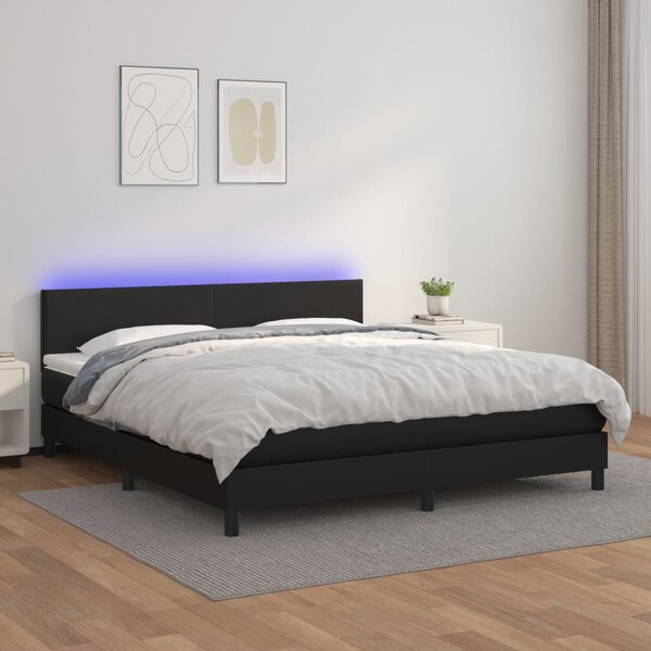 Krevet box spring s madracem LED crni 160x200cm od umjetne kože - Crna / 160 x 200 cm