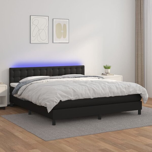 Krevet box spring s madracem LED crni 160x200cm od umjetne kože - Crna / 160 x 200 cm