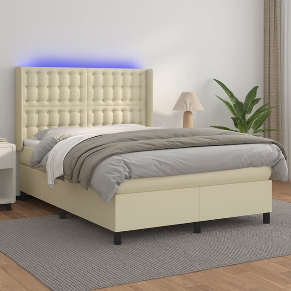 Krevet box spring s madracem LED krem 140x200cm od umjetne kože - Krema / 140 x 200 cm