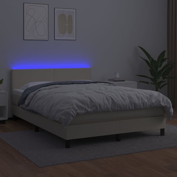 Krevet box spring s madracem LED krem 140x190cm od umjetne kože - Krema / 140 x 190 cm