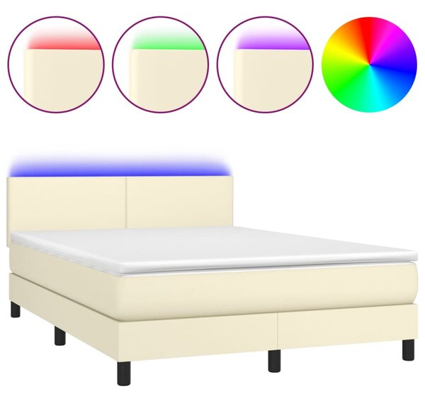 Krevet box spring s madracem LED krem 140x200cm od umjetne kože - Krema / 140 x 200 cm
