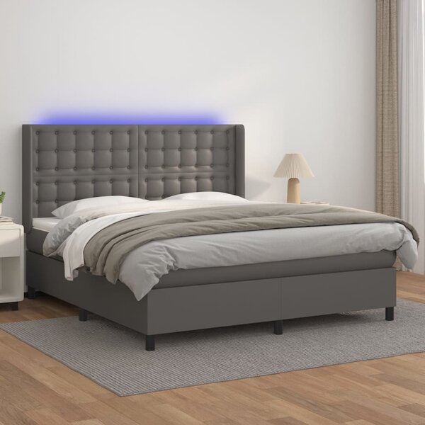 Krevet box spring s madracem LED sivi 160x200cm od umjetne kože - Siva / 160 x 200 cm