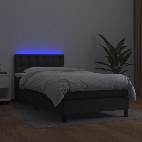 Krevet box spring s madracem LED crni 90x200 cm od umjetne kože - Crna / 90 x 200 cm