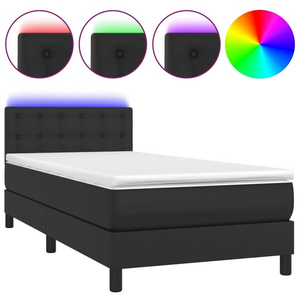 Krevet box spring s madracem LED crni 90x200 cm od umjetne kože - Crna / 90 x 200 cm