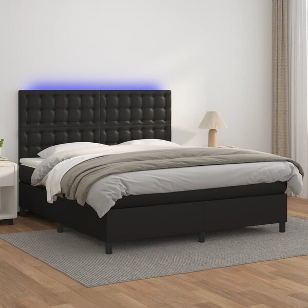 Krevet box spring s madracem LED crni 180x200cm od umjetne kože - Crna / 180 x 200 cm