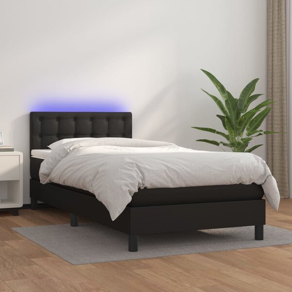 Krevet box spring s madracem LED crni 90x200 cm od umjetne kože - Crna / 90 x 200 cm