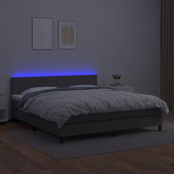Krevet box spring s madracem LED sivi 160x200cm od umjetne kože - Siva / 160 x 200 cm