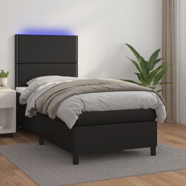 Krevet box spring s madracem LED crni 90x200 cm od umjetne kože - Crna / 90 x 200 cm