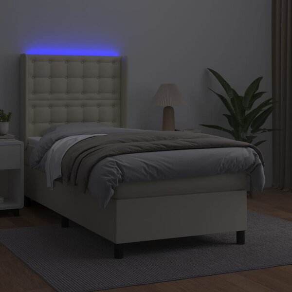 Krevet box spring s madracem LED krem 100x200cm od umjetne kože - Krema / 100 x 200 cm