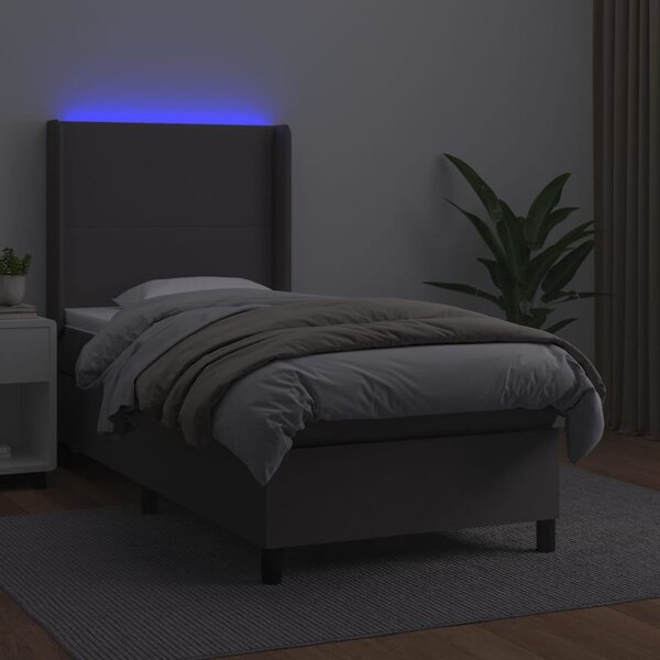 Krevet box spring s madracem LED sivi 90x190 cm od umjetne kože - Siva / 90 x 190 cm