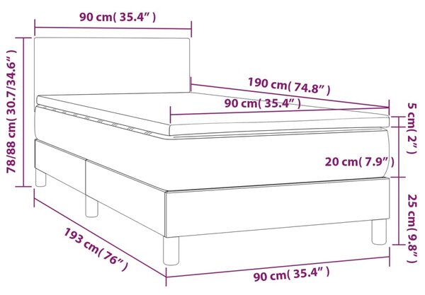Krevet box spring s madracem LED svjetlosivi 90x190 cm baršun - Siva / 90 x 190 cm