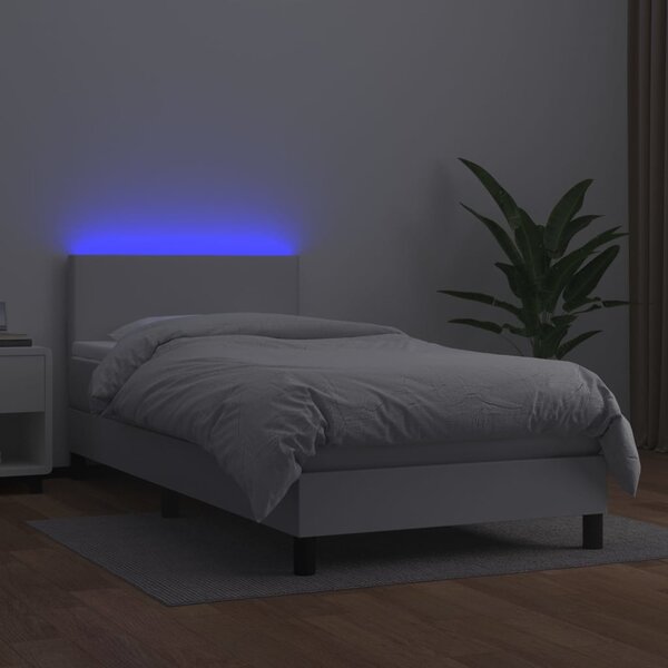 Krevet box spring s madracem LED bijeli 90x200 cm umjetna koža - Bijela / 90 x 200 cm