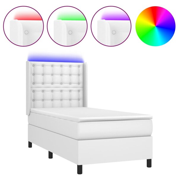 Krevet box spring s madracem LED bijeli 90x200 cm umjetna koža - Bijela / 90 x 200 cm