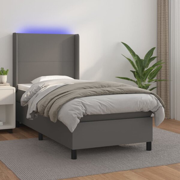 Krevet box spring s madracem LED sivi 90x190 cm od umjetne kože - Siva / 90 x 190 cm