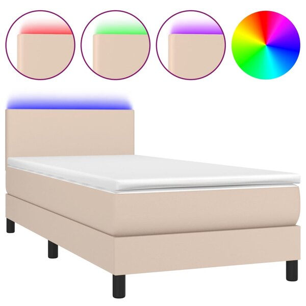 Krevet box spring madrac LED cappuccino 100x200cm umjetna koža - Smeđa / 100 x 200 cm