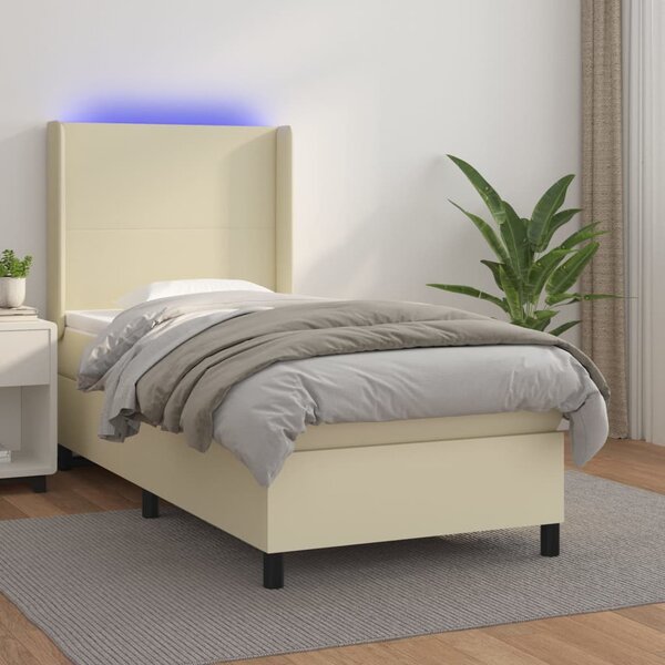 Krevet box spring s madracem LED krem 100x200cm od umjetne kože - Krema / 100 x 200 cm