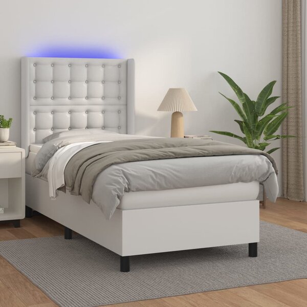 Krevet box spring s madracem LED bijeli 90x200 cm umjetna koža - Bijela / 90 x 200 cm