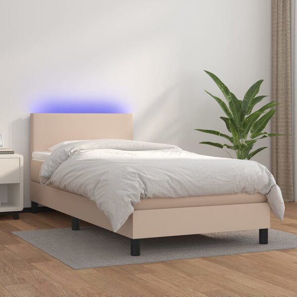 Krevet box spring madrac LED cappuccino 100x200cm umjetna koža - Smeđa / 100 x 200 cm