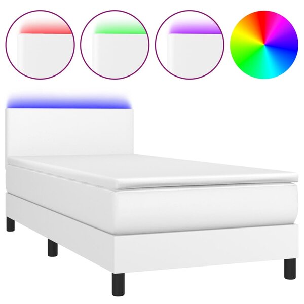 Krevet box spring s madracem LED bijeli 90x200 cm umjetna koža - Bijela / 90 x 200 cm